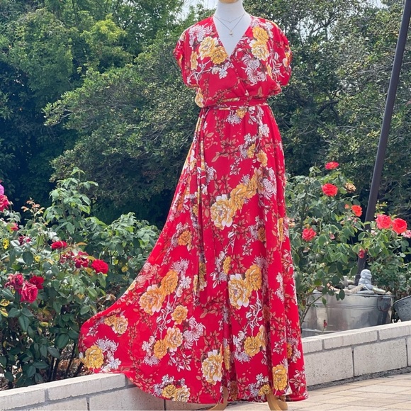 Meghan LA Dresses Red Floral Faux Wrap Maxi Dress By